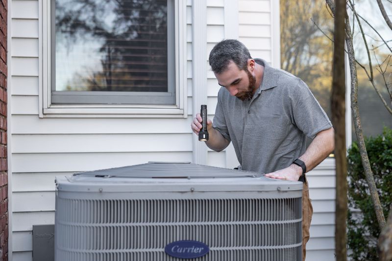 Technician working on an outdoor air conditioning unit